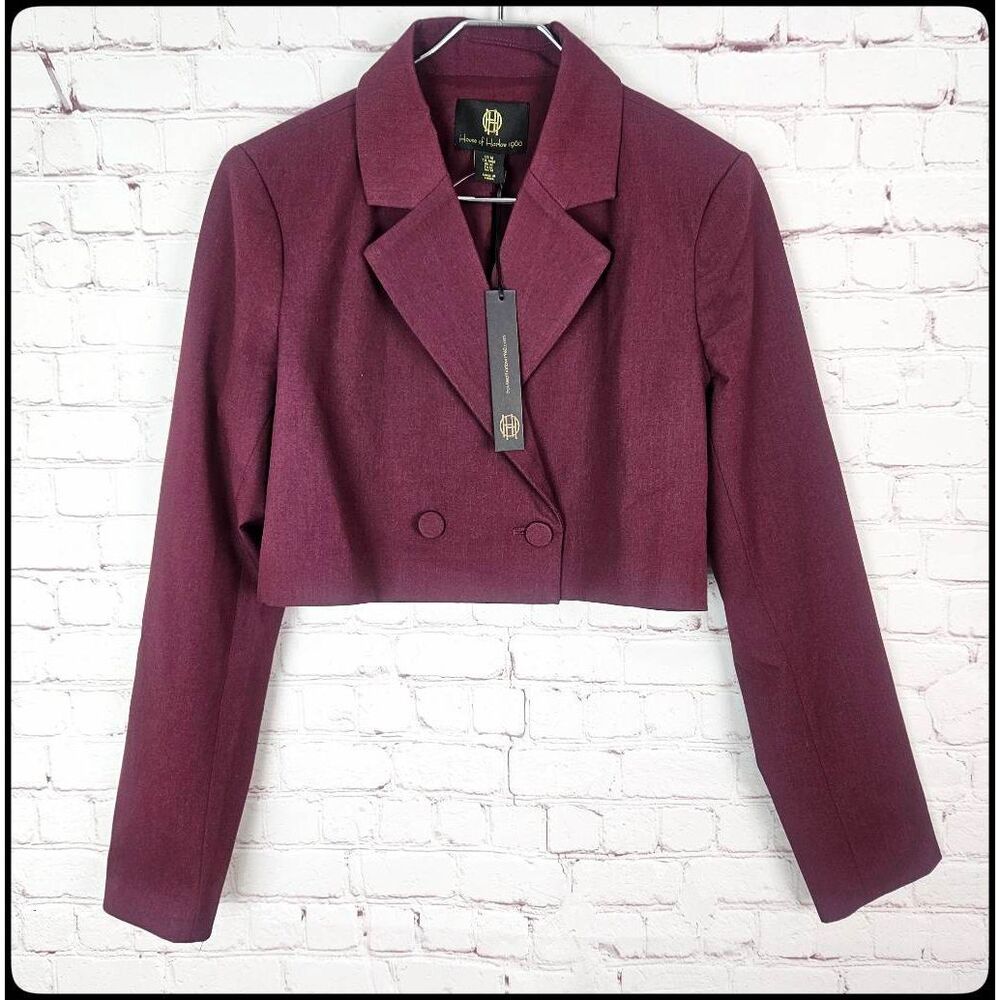 NWT HOUSE OF HARLOW 1960 Wine Button Career Cropped Blazer Jacket Women's Medium